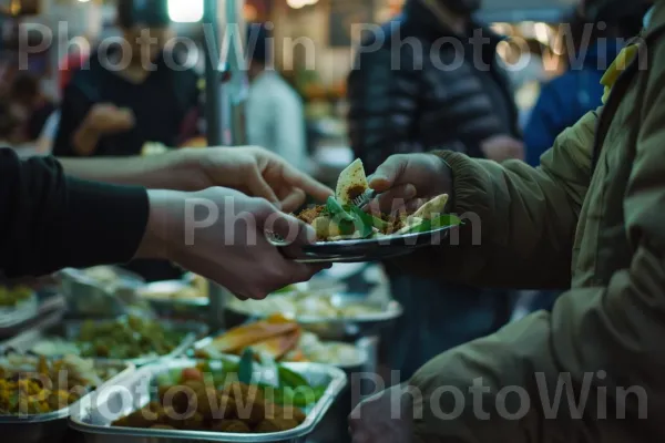 חברים חולקים פלאפל בשוק, ממדינת ישראל. מזון, כלי שולחן, מזון בסיסי