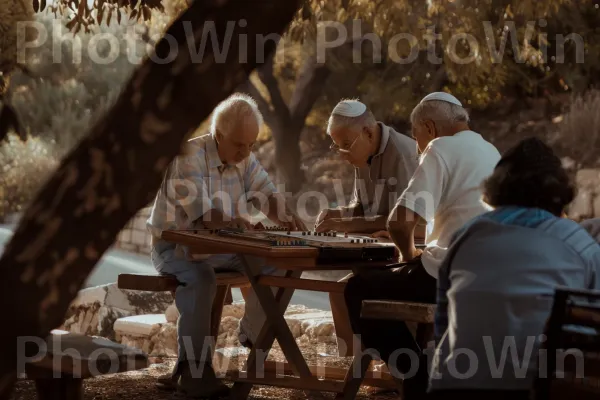 קבוצת חברים מבוגרים משחקים שש בש בפארק, ממדינת ישראל. פְּנַאִי, סַפְסָל, נוֹף