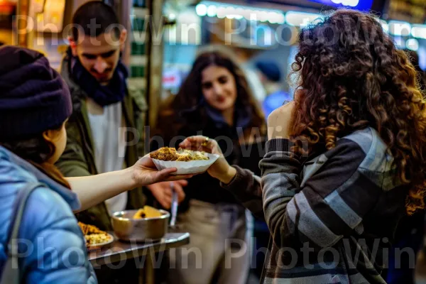 חברים חולקים פלאפל בשוק, ממדינת ישראל. צהוב, ז\'קֵט, קהילה