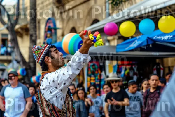 נגן רחוב משעשע קהל בעיר התוססת יפו, ממדינת ישראל. שְׁעוֹת הַיוֹם, בן אנוש, קָהָל