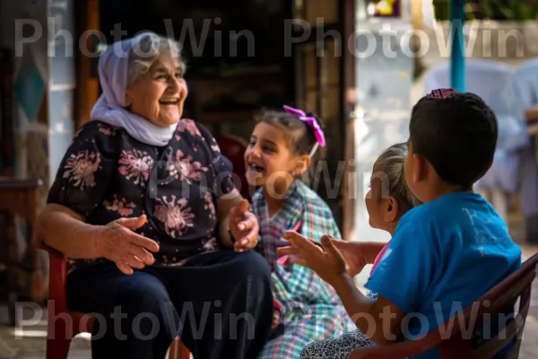 סבתא חולקת סיפורים עם נכדיה בצפת, ממדינת ישראל. חיוך, כֵּיף, אירוע