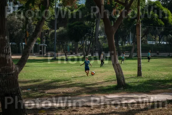 ילדים משחקים כדורגל בפארק תל אביבי, ממדינת ישראל. עֵץ, פְּנַאִי, דֶשֶׁא