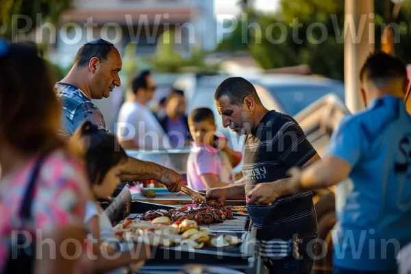 משפחה נהנית ממנגל ביום העצמאות באשקלון, ממדינת ישראל. צהוב, פְּנַאִי, שׁוּק