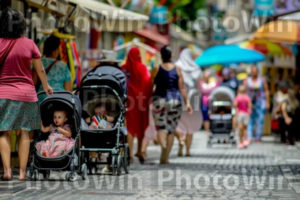 אמהות דוחפות עגלות ברחובות צפופים, תינוקות בוכים ממדינת ישראל. מִטְרִיָה, אֲנָשִׁים, כֵּיף