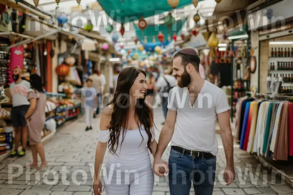 זוג צעיר מטייל יד ביד בשוק היסטורי, ממדינת ישראל. תַשׁתִית, מחווה, קניות