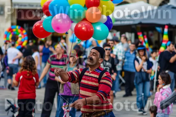 נגן רחוב משעשע המונים בתל אביב השוקקת, ממדינת ישראל. שְׁעוֹת הַיוֹם, קָהָל, בַּלוֹן