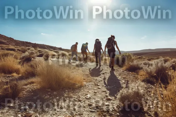 קבוצת חברים מטיילת במדבר הנגב, ממדינת ישראל. צמח, ענן, נוף טבעי