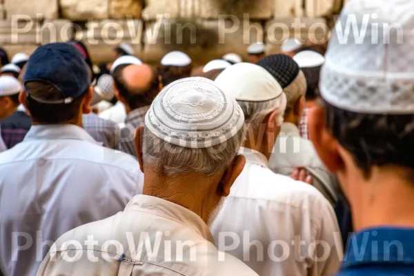 קבוצת גברים מתפללים בכותל המערבי בירושלים, ממדינת ישראל. שְׁעוֹת הַיוֹם, שרוול, כיסוי ראש