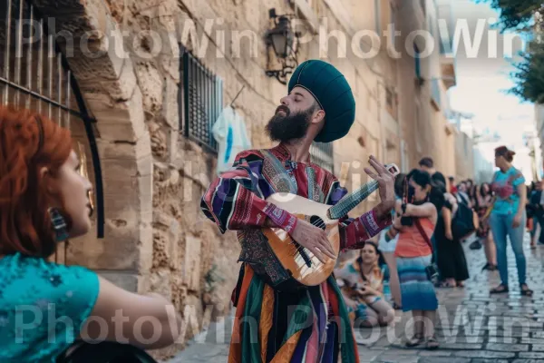 נגן רחוב משעשע תיירים ביפו, ממדינת ישראל. גִיטָרָה, כלי מיתר, פְּנַאִי