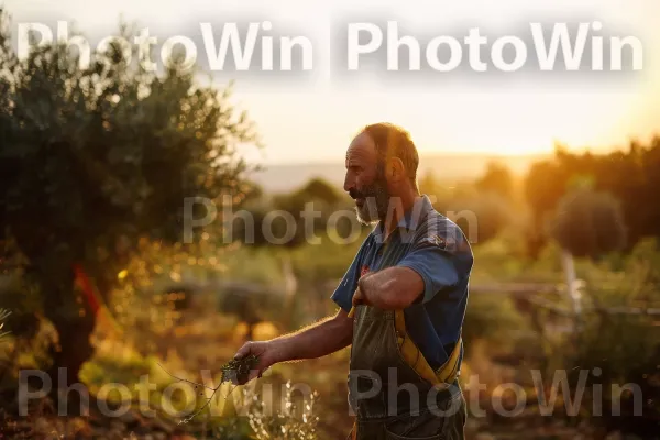 חקלאי מטפל במטע הזיתים שלו בגליל, ממדינת ישראל. שָׁמַיִם, צילום פלאש, שַׂמֵחַ