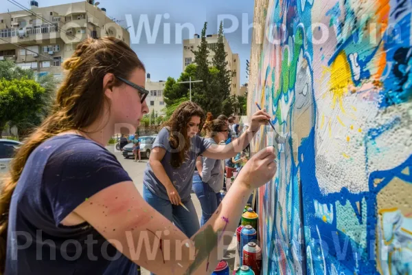 אמן רחוב מצייר ציור קיר על חומת עיר, ממוקד ובהשראת, ממדינת ישראל. צייר, כְּחוֹל, צמח