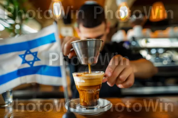 בריסטה מכין את כוס הקפה הישראלי המושלמת, ממדינת ישראל. מזון, כלי שתייה, קפה