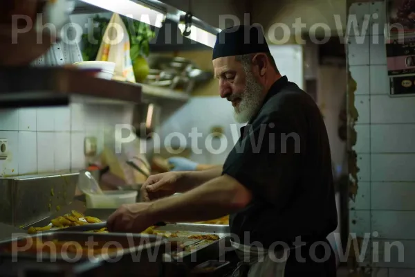 שף מכין ארוחה ישראלית מסורתית ממדינת ישראל. מִטְבָּח, סינר, בישול