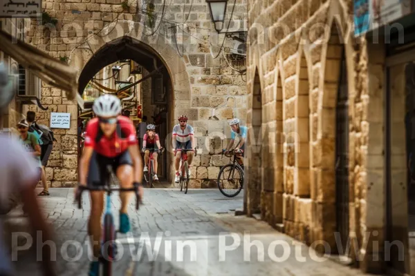 רוכבי אופניים דוהרים ברחובות הצרים של עכו, ממדינת ישראל. גַלגַל, מִכְנָסַיִים קְצָרִים, קִיר