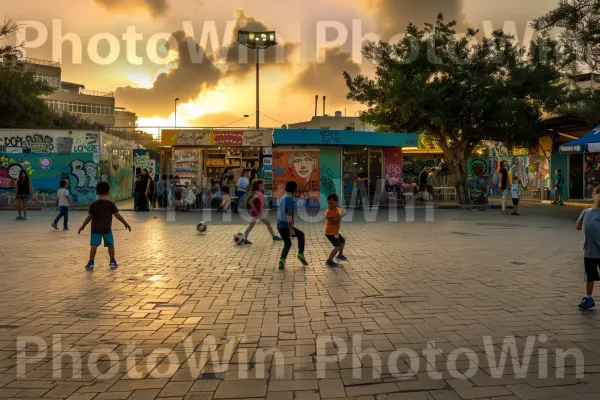 ילדים משחקים כדורגל ברחובות התוססים של תל אביב, ממדינת ישראל. שָׁמַיִם, פְּנַאִי, אַפְלוּלִית