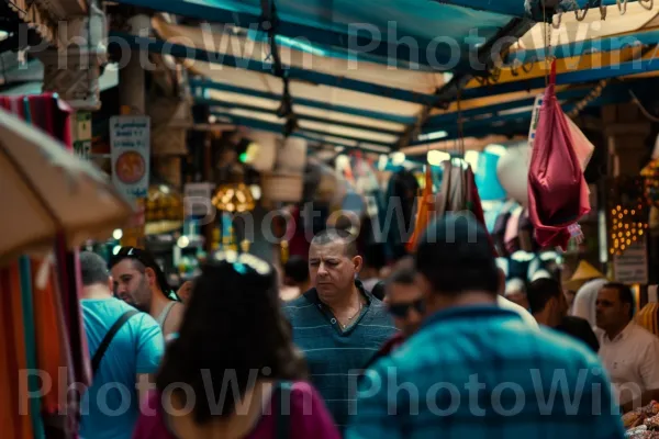 האנרגיה הסואנת של שוק הכרמל המפורסם בחיפה, ממדינת ישראל. בית המקדש, חולצה קצרה, קניות