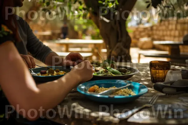 זוג חולק ארוחת פלאפל בירושלים, ממדינת ישראל. מתכון, שולחן, עֵץ