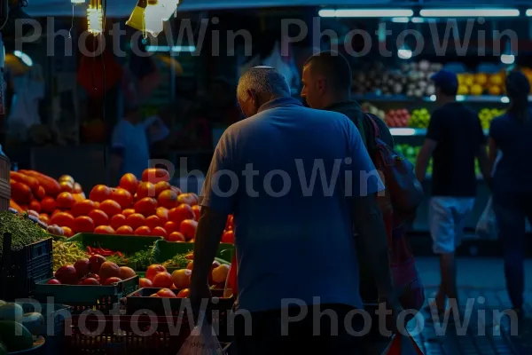 מקומיים קונים תוצרת טרייה בשוק שוקק, צבעים מרהיבים, ממדינת ישראל. מוכר, צרכן, שׁוּק