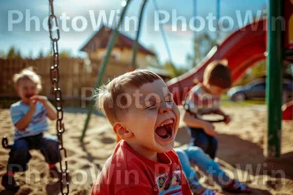 ילדים צוחקים משחקים בגן שעשועים שטוף שמש. שָׁמַיִם, צמח, בילוי בחוץ