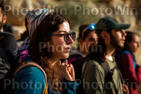 קבוצת צעירים מטיילת באתרי המקרא, ממדינת ישראל. משקפיים, מגניב, טיול