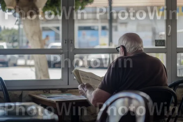 קשיש קורא עיתון בבית קפה מוזר, ממדינת ישראל. שולחן, פְּנַאִי, זכוכית