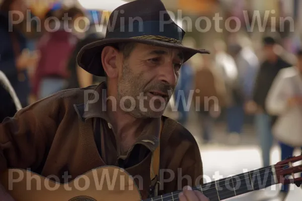 מוזיקאי רחוב מנגן מוזיקה מסורתית בכיכר תוססת, ממדינת ישראל. גִיטָרָה, מוּסִיקָאִי, פדורה