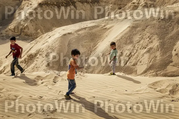 ילדים משחקים בדיונות החול של מדבר הנגב ממדינת ישראל. הַר, נוֹף, נוֹפֶשׁ