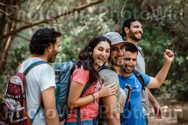 קבוצת חברים מטיילת ביערות הכרמל השופעים, צחוק מהדהד, ממדינת ישראל. מִכְנָסַיִים קְצָרִים, מחווה, טיול