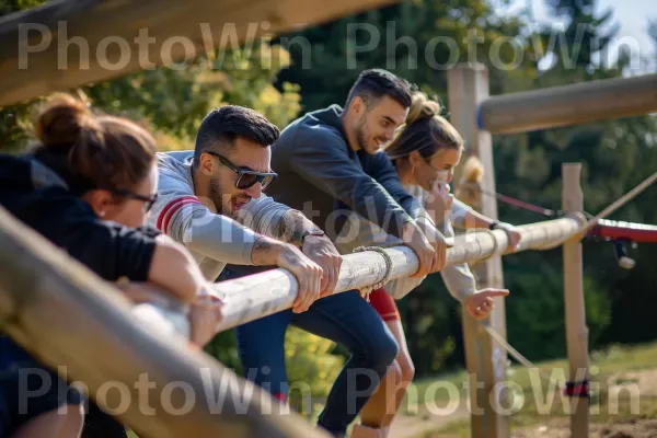 קבוצה עושה מסלול מכשולים חיצוני לבניית צוות. משקפיים, מישקפי שמש, צמח