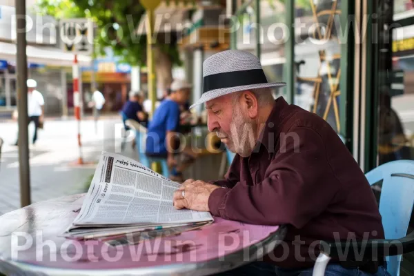 קשיש קורא עיתון בבית קפה מוזר, ממדינת ישראל. בן אנוש, תַשׁתִית, כובע שמש