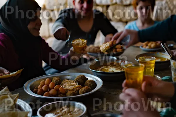 קבוצת חברים נהנית מארוחה מסורתית של פלאפל וחומוס, מטבח בטעמים, ממדינת ישראל. שולחן, מִטְבָּח, צַלַחַת