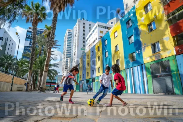 ילדים משחקים כדורגל ברחובות תל אביב, ממדינת ישראל. מִכְנָסַיִים קְצָרִים, בִּניָן, כדורגל רחוב