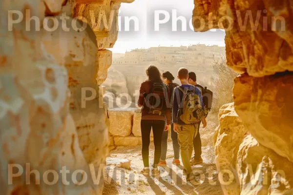 קבוצת תלמידים חוקרת חורבות עתיקות במדבר יהודה, נחשפה ההיסטוריה, ממדינת ישראל. סלע יסוד, פְּנֵי הַשֵׁטַח, קִיר