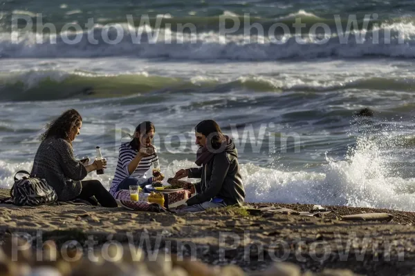 חברים נהנים מפיקניק בחוף הים בחיפה, גלים מתנפצים, ממדינת ישראל. אנשים על החוף, גוף של מים, שַׂמֵחַ