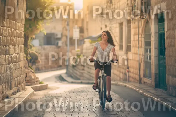 אישה רוכבת על אופניים ברחובות יפו, ממדינת ישראל. הַלבָּשָׁה, רכב יבשתי, צמיג