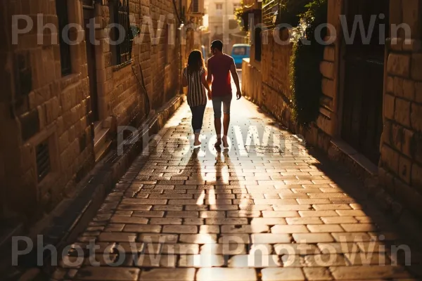 זוג מטייל יד ביד ברחובות יפו העתיקים, אווירה רומנטית, ממדינת ישראל. עץ, אוֹר שֶׁמֶשׁ, כְּבִישׁ