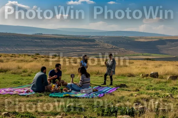 קבוצת חברים נהנית מפיקניק ברמת הגולן ממדינת ישראל. אנשים בטבע, צמח, בילוי בחוץ