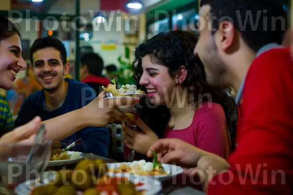 קבוצת חברים נהנית מארוחה מסורתית של פלאפל וחומוס, מטבח בטעמים, ממדינת ישראל. שיתוף, צַלַחַת, צהוב