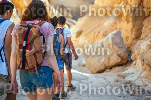 קבוצת חברים מטיילת במדבר הנגב, ממדינת ישראל. מזוודות ותיקים, נוֹף, כובע