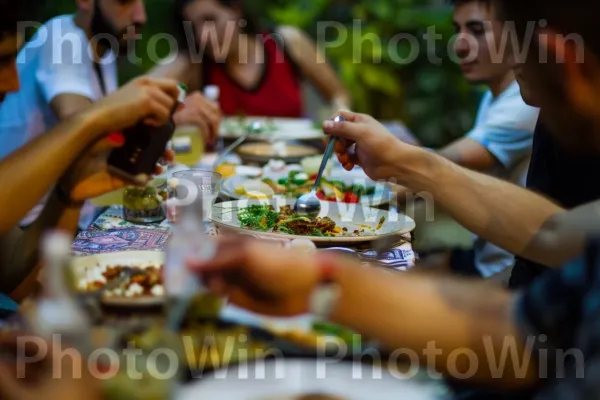 מתכנסים חברים לארוחת שישי מסורתית ממדינת ישראל. מזון, שיתוף, צַלַחַת