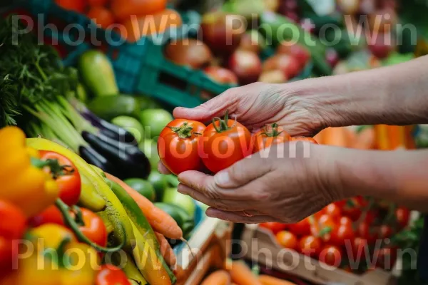 ידיים אוחזות במבחר צבעוני של תוצרת אורגנית. מזון, עגבנייה שזיף, מזונות טבעיים