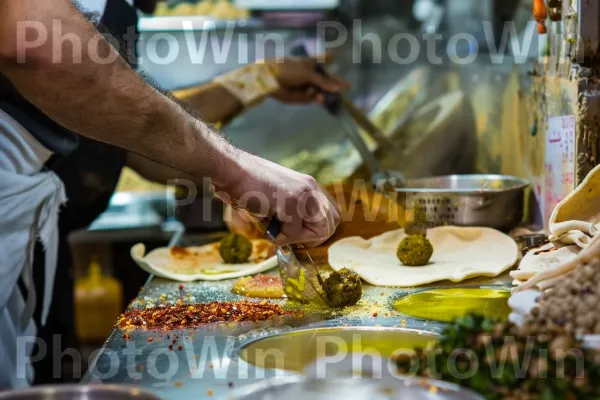 שף מכין פלאפל בשוק ירושלמי שוקק ממדינת ישראל. מתכון, כלי אוכל, צַלַחַת