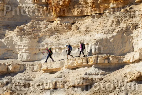 מטיילים חוקרים את מצוקי המדבר של מצדה, נופים עוצרי נשימה, ממדינת ישראל. סלע יסוד, היווצרות, צורות קרקע הרריות