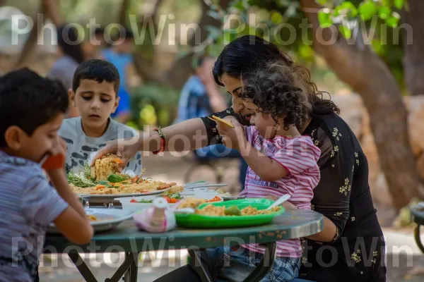 משפחה נהנית מפיקניק חומוס בפארק, ממדינת ישראל. שולחן, כלי שולחן, שַׂמֵחַ