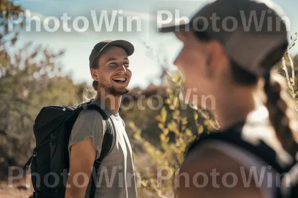 חברים מחייכים מטיילים יחד ביום שמש. חיוך, כובע, צילום פלאש