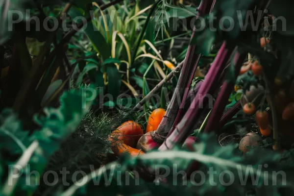 גינה אורגנית עם ירקות ועשבי תיבול צבעוניים. צמח, אורגניזם, ירק עלים