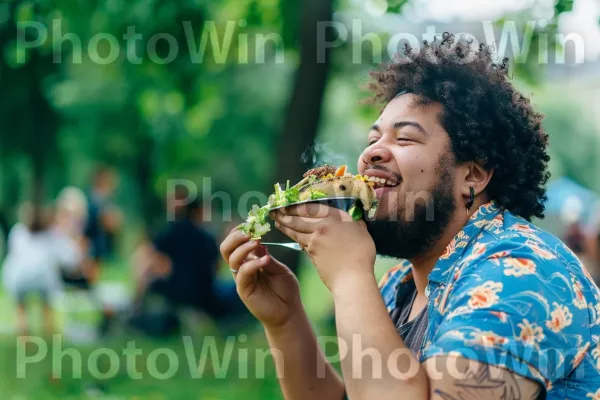 אדם שנהנה ממסיבת ברביקיו בריאה על בסיס צמחי. צמח, זָקָן, שַׂמֵחַ