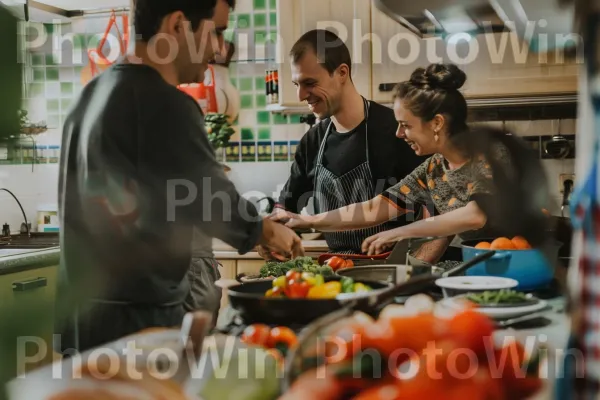 משפחה חייכנית שמבשלת יחד ארוחה בריאה. מזון, צמח, מוכר