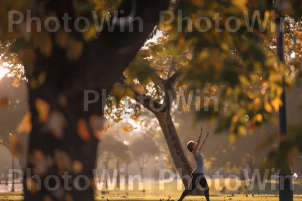 מתיחות רץ לפני אימון בוקר. אנשים בטבע, צילום פלאש, צמח