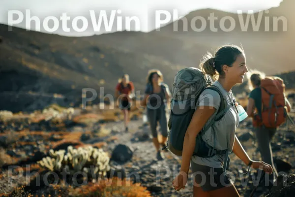 חברים מטיילים בהרים עם חבילות הידרציה. הַר, אנשים בטבע, שַׂמֵחַ